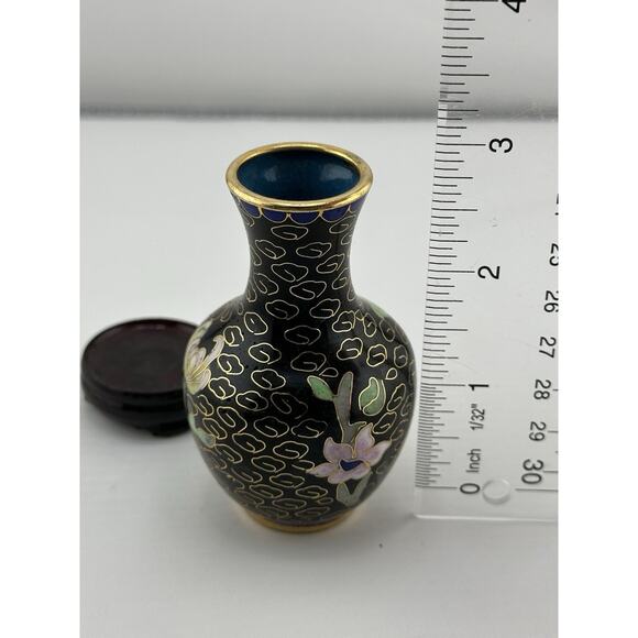 Vintage Mini Chinese Enameled Cloisonne Vase w/ Stand 3 inch Black Pink Lotus - Picture 7 of 7